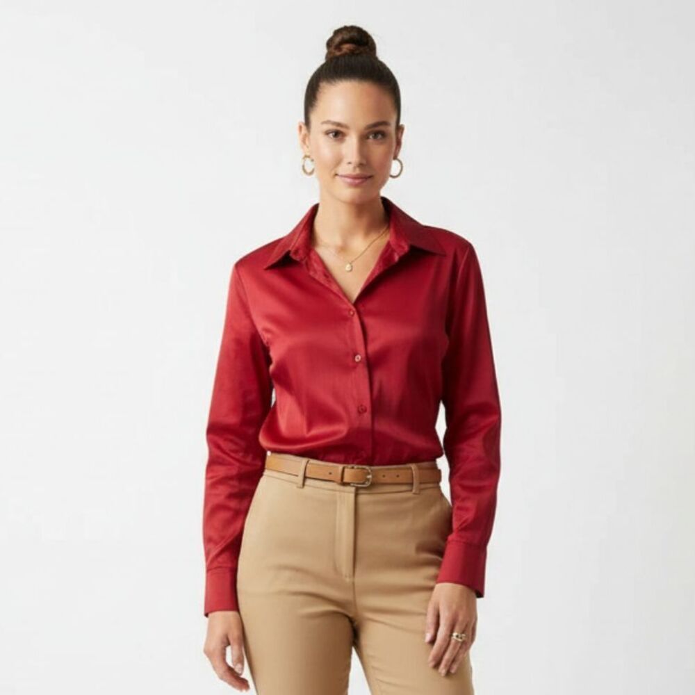 Chico's Red No Iron Cotton Long Sleeve Button Up‎ Shirt Top 3 XL